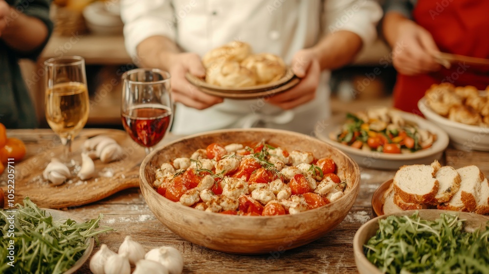 Delicious Homemade Italian Dinner with Roasted Cherry Tomatoes Garlic and Bread Delicious Homemade Italian Dinner with Roasted Cherry Tomatoes Garlic and Bread