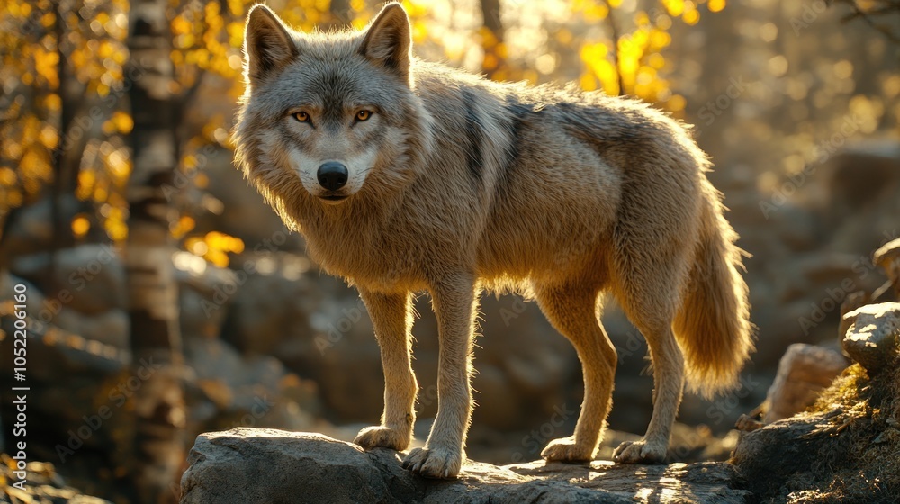Fototapeta premium A gray wolf stands on a rock in a forest with golden leaves in the background.