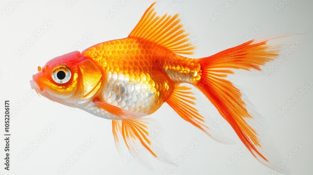 Close-up of a goldfish swimming in crystal-clear water, showing the texture and beauty of its delicate fins
