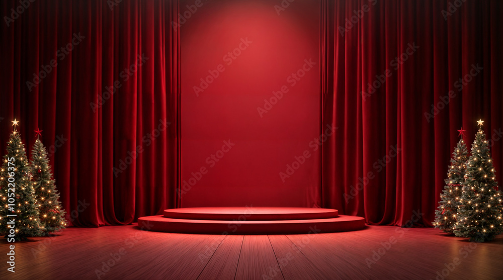 A rich red velvet theater curtain drawn open on a stage, with spotlights illuminating the scene. The drapes create an elegant backdrop, setting the stage for a performance, concert, or show