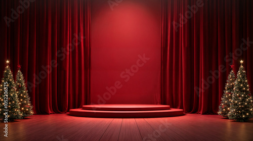 Obraz na płótnie A rich red velvet theater curtain drawn open on a stage, with spotlights illuminating the scene. The drapes create an elegant backdrop, setting the stage for a performance, concert, or show w salonie
