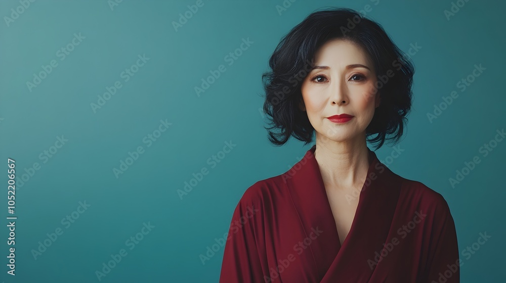 Fototapeta premium Confident and Composed Japanese Woman Posing Gracefully in Elegant Burgundy Wrap Dress Against Plain Cerulean Studio Background