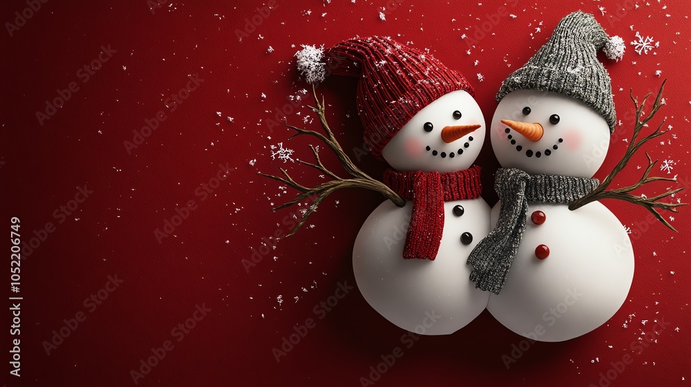 Fototapeta premium Two cheerful snowmen with festive hats
