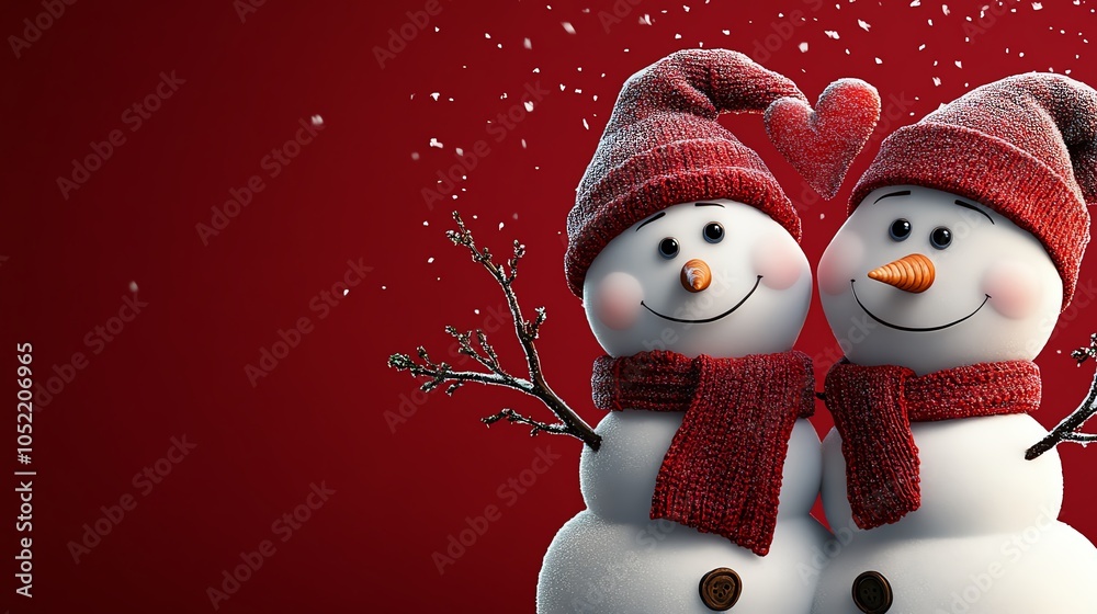 Fototapeta premium Snowmen in festive hats, red background
