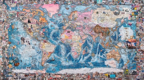 A colorful world map collage featuring various images and cultural elements from around the globe. photo