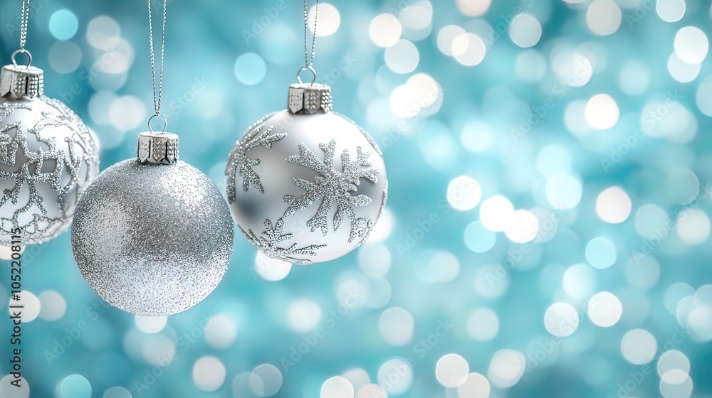 Silver Christmas Ornaments Hanging on a Blue Background Silver Christmas Ornaments Hanging on a Blue Background