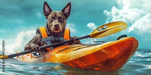 Anthropomorphic dog kayaking in UHD with vivid expression