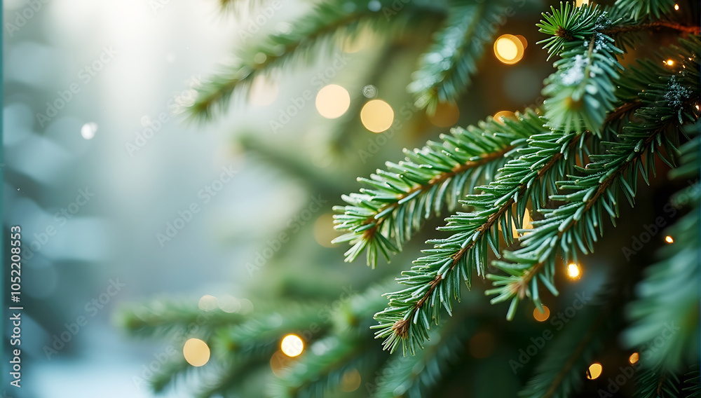 closeup of fir tree branch with bokeh lights rich emerald needles contrast with soft focus background. rich emerald tones, festive holiday atmosphere, green and white color palette closeup of fir tree branch with bokeh lights rich emerald needles contrast with soft focus background. rich emerald tones, festive holiday atmosphere, green and white color palette