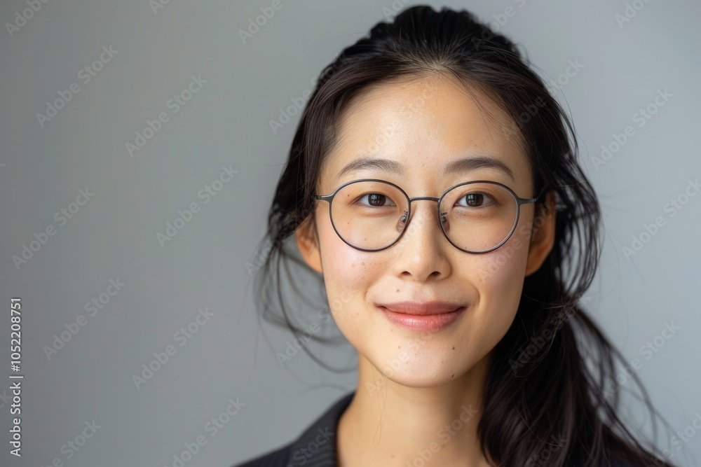 Portrait of smiling Asian female worker teacher in glasses