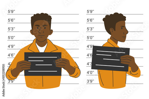 Criminal mugshot vector isolated. Male character holding board. Taking picture of person after arrest.