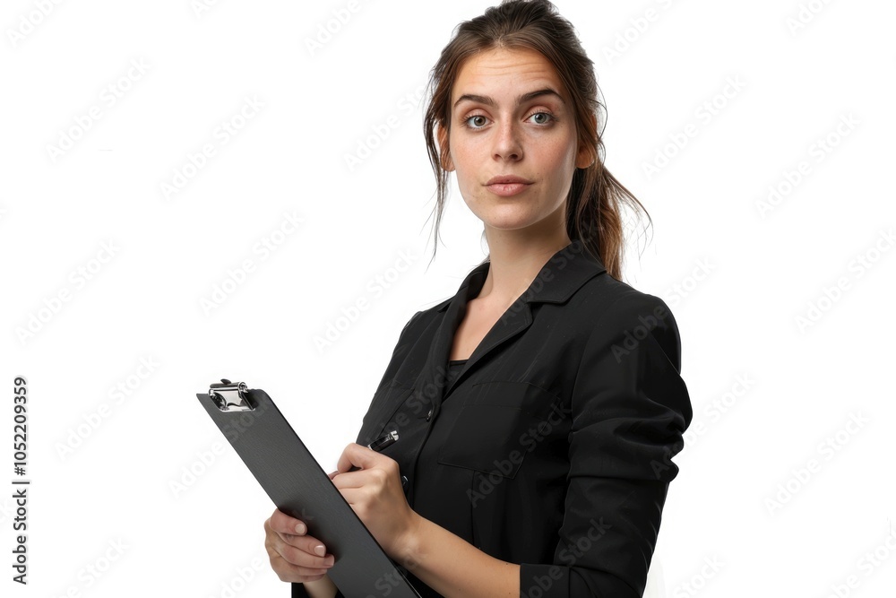 Young female auditor inspecting goods and services in formal attire. Young female auditor inspecting goods and services in formal attire.