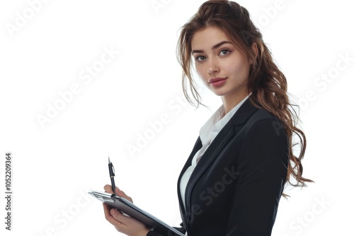 Young female auditor inspecting goods and services in formal attire. photo