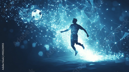 Silhouette of a soccer player kicking a ball in a futuristic, blue, glowing, digital environment.