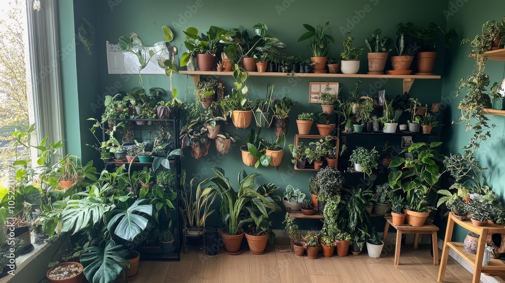 An indoor garden oasis filled with lush green plants thriving on wooden shelves against a deep green wall, creating tranquility. An indoor garden oasis filled with lush green plants thriving on wooden shelves against a deep green wall, creating tranquility.