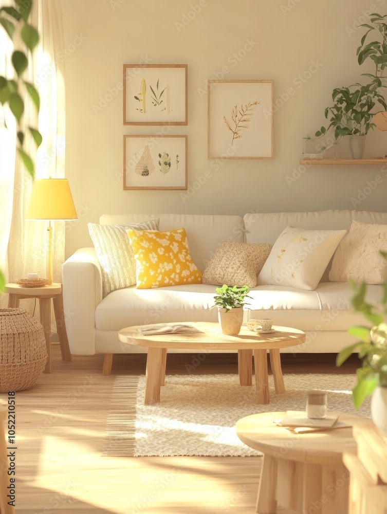 A charming living room setting featuring a white sofa, yellow pillows, and wall art, bathed in natural sunlight. A charming living room setting featuring a white sofa, yellow pillows, and wall art, bathed in natural sunlight.