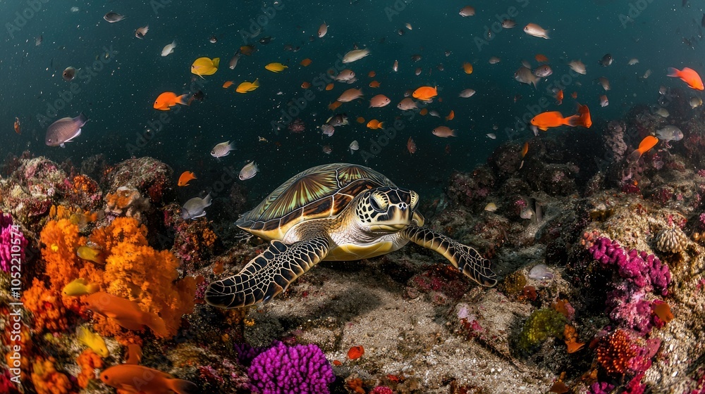 Fototapeta premium Young sea turtle resting on a coral bed surrounded by colorful fish, highlighting peaceful marine life coexistence