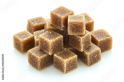 stack of Cane brown sugar cubes isolated on white background,