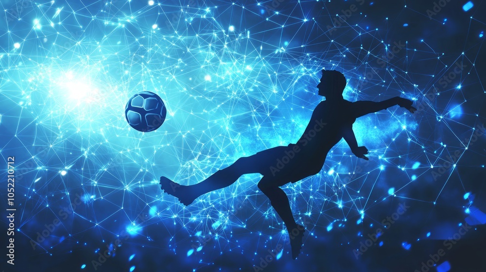Fototapeta premium Silhouette of a soccer player kicking a ball in a blue and white abstract background.