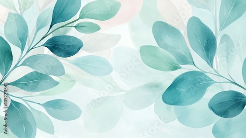 Serene watercolor leaves in soft green and aqua hues perfect for nature-inspired backgrounds and designs
