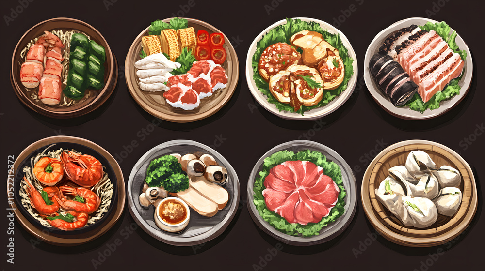 A collection of Asian food is shown in a variety of plates A collection of Asian food is shown in a variety of plates