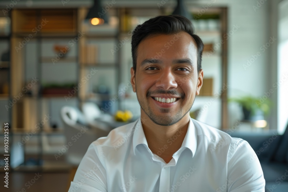 Fototapeta premium Confident Indian Hispanic man poses for headshot in home office.