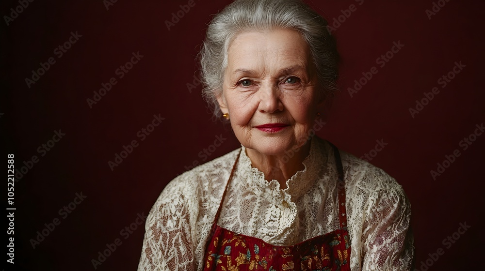 Proud Elderly Polish Woman in Classic Lace Blouse and Embroidered Apron Posing Dignified on Plain Burgundy Background with Studio Lighting Proud Elderly Polish Woman in Classic Lace Blouse and Embroidered Apron Posing Dignified on Plain Burgundy Background with Studio Lighting