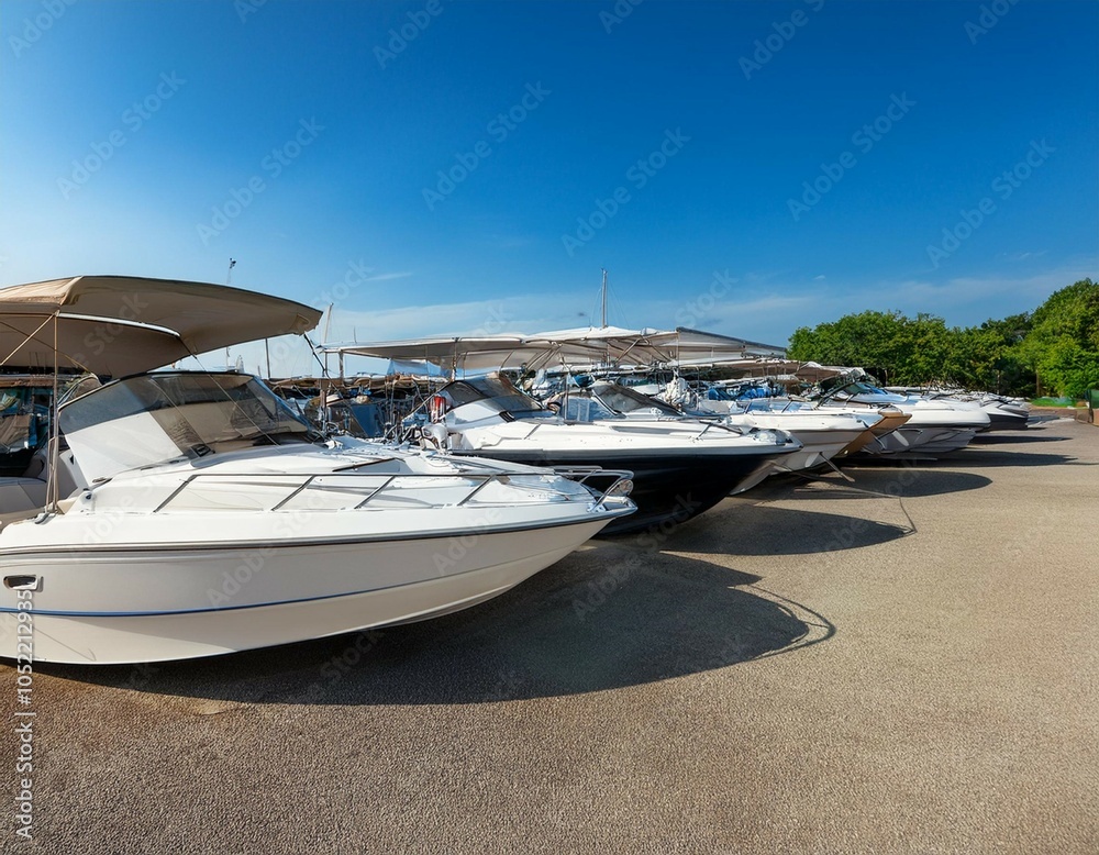 Fototapeta premium boats for sale or rental in a sunny parking lot outside a boat sports store under a clear blue sky