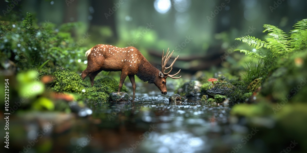Obraz premium Majestic Bull Elk Drinking from Forest Stream Wildlife Photography