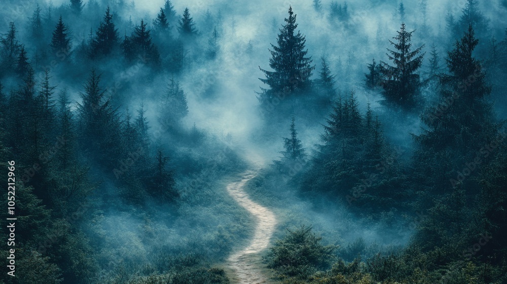 Misty forest path winding through dense trees and fog. Misty forest path winding through dense trees and fog.