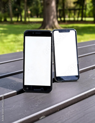 Two phone is on a bench with a white case mockup