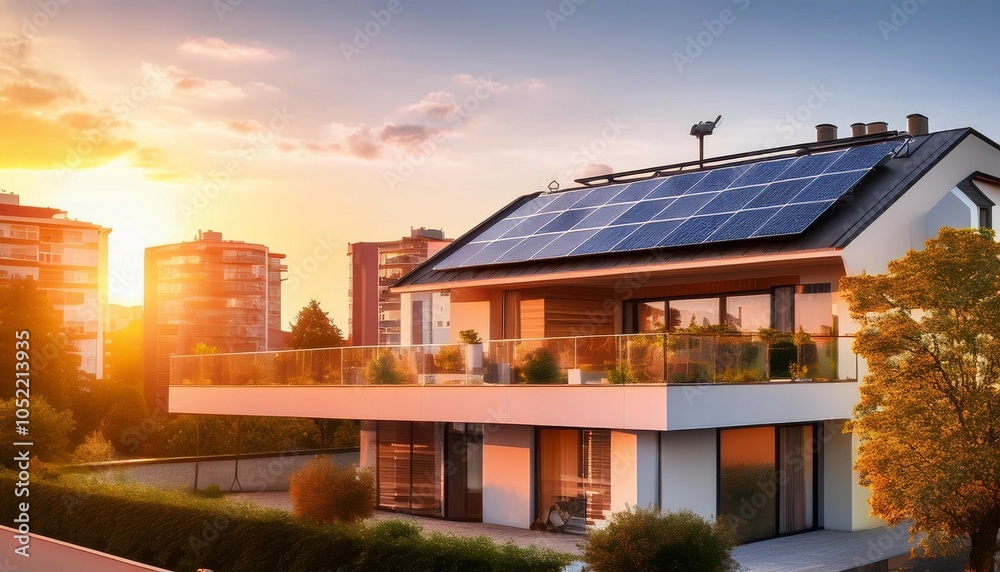 eco friendly modern apartment with solar panels at sunset in a vibrant city landscape
