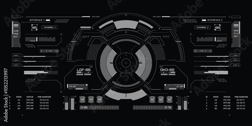 HUD Futuristic Drone, Space ship, Radar Interface Screen Design Element. UI Technology Monitoring Virtual Reality View Display Object Vector.