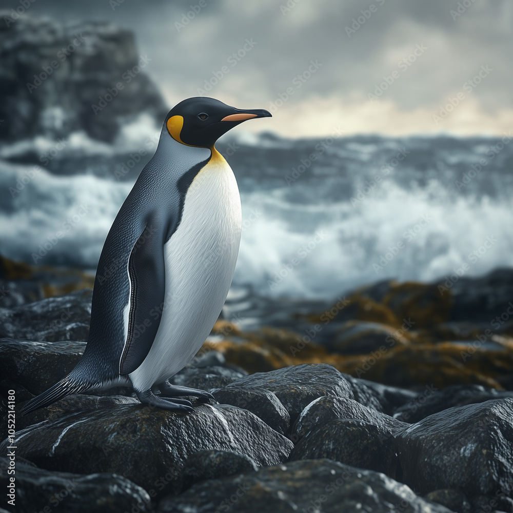 Fototapeta premium A photo of penguin walking across snow standing on the icy Antarctic landscape at sunrise. 