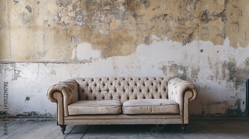 A classic tufted sofa complements the distressed wall, evoking rustic elegance in a vintage-inspired setting. photo