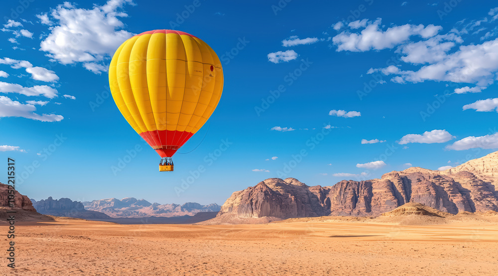 Obraz premium vibrant yellow and red hot air balloon floats gracefully over vast desert landscape, showcasing stunning natural beauty of rocky terrain and clear blue sky