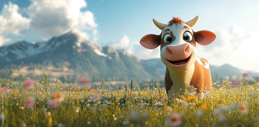 A cute cow smiles and grins in front of the camera, against a backdrop of rolling green hills under clear blue skies