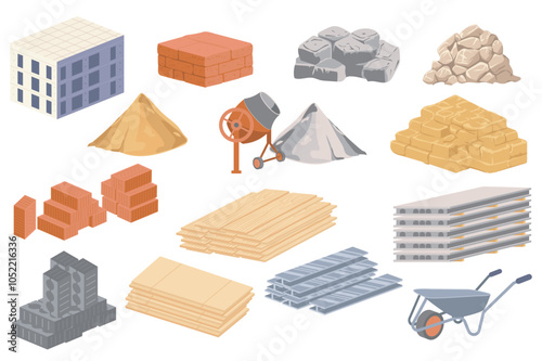 Building materials mega set elements in flat graphic design. Collection objects of house construction, blocks, stones pile, sand, concrete mixer, wooden boards, slabs, others. Vector illustration.