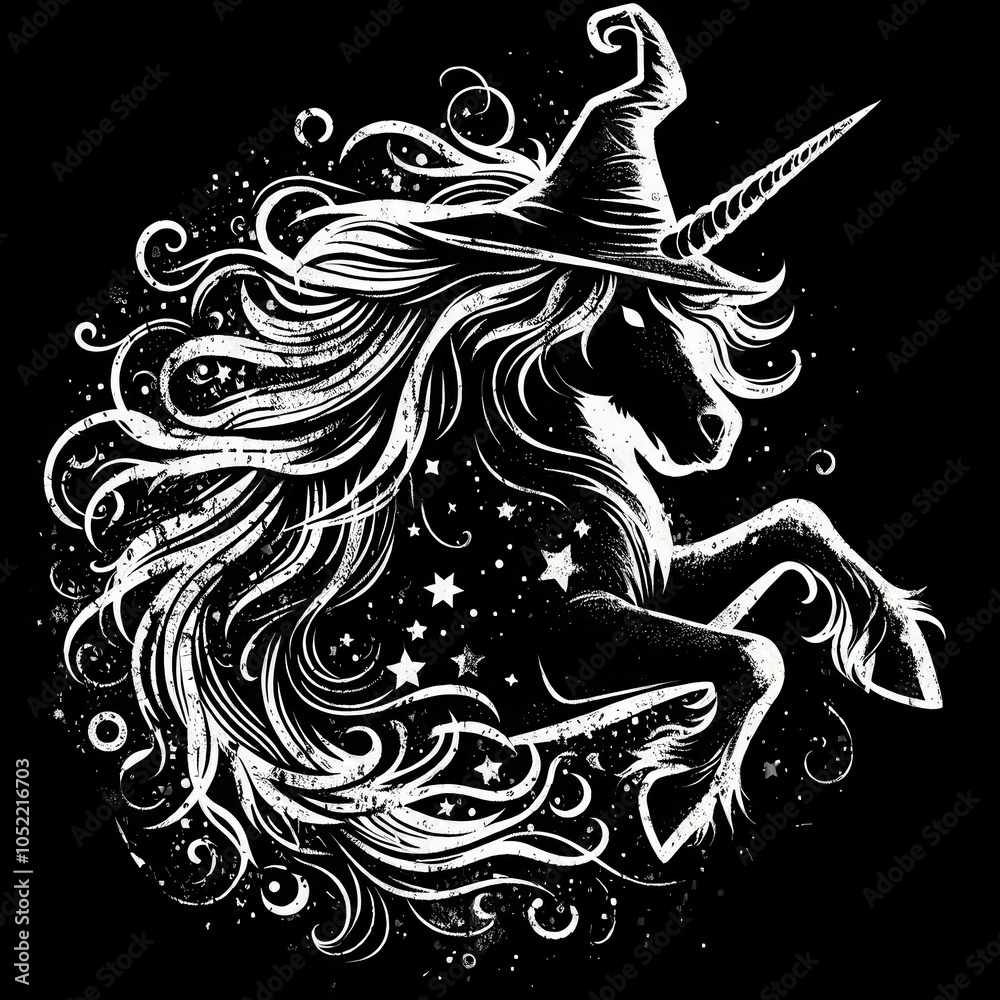 Fototapeta premium A mystical unicorn adorned with a witch's hat, featuring flowing hair and sparkling stars against a dark background.
