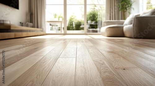 Wallpaper Mural The image captures a sun-drenched wooden floor in a bright living room, opening onto a lush garden, inviting nature indoors. Torontodigital.ca