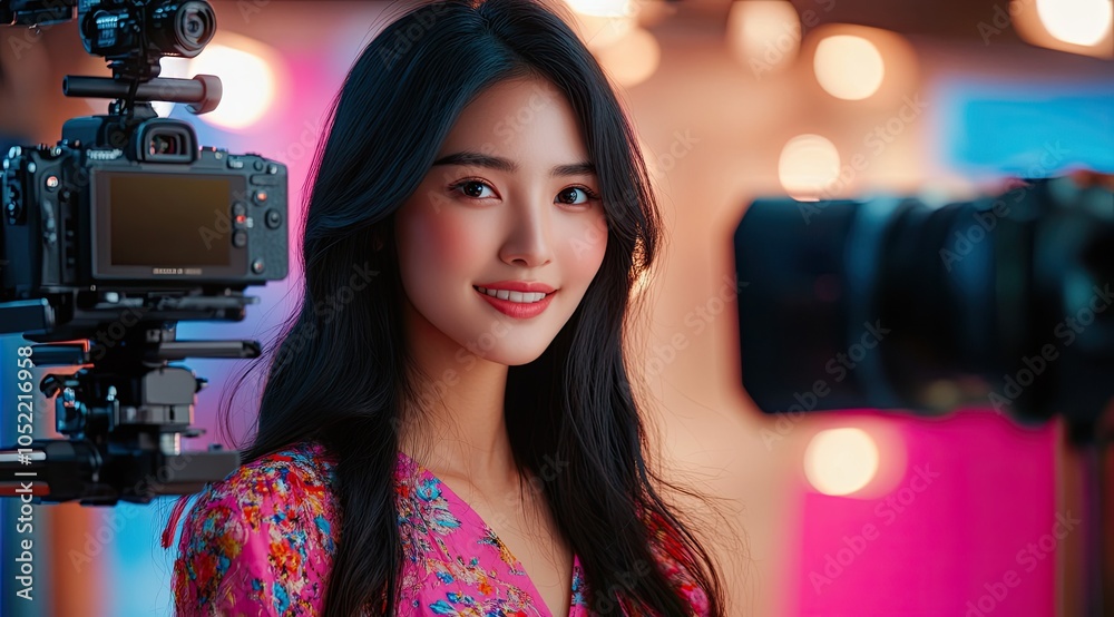 A beautiful young Asian woman with long black hair, wearing vibrant and colorful , stands in front of the camera on set for an Instagram live video clip A beautiful young Asian woman with long black hair, wearing vibrant and colorful , stands in front of the camera on set for an Instagram live video clip