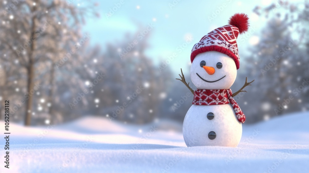 Fototapeta premium Cute Smiling Snowman in a Cozy Winter Outfit with Snowy Forest Background and Falling Snowflakes