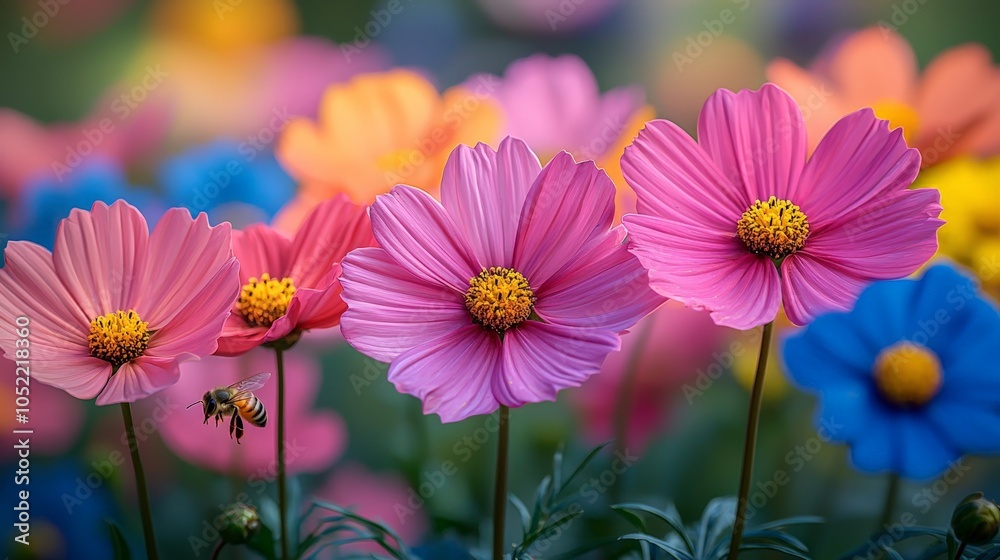 A vibrant display of colorful flowers with a bee, showcasing nature's beauty and diversity. A vibrant display of colorful flowers with a bee, showcasing nature's beauty and diversity.