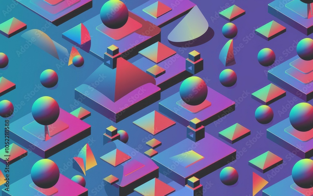 Obraz premium Geometric shapescape. Vivid isometric landscape of colorful 3D shapes; playful, vibrant design evoking creativity and innovation.
