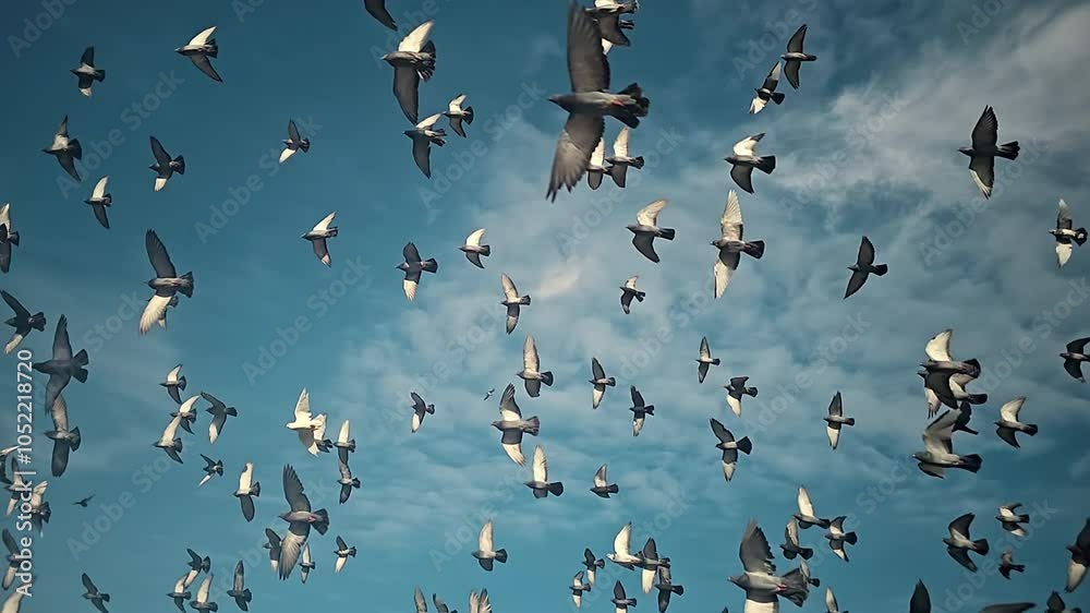 Flock of birds flying in a clear sky, A mesmerizing view of numerous birds in flight against a clear sky,