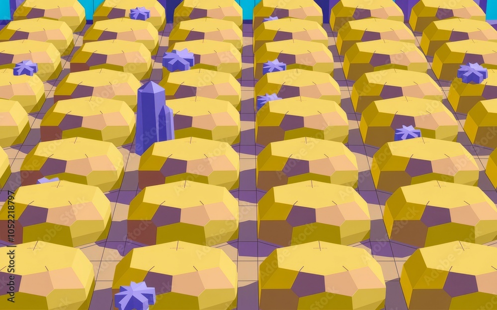 Fototapeta premium Geometric crystal field. Abstract pattern of yellow gems, a purple crystal stands out, symbolizing uniqueness and hidden potential.