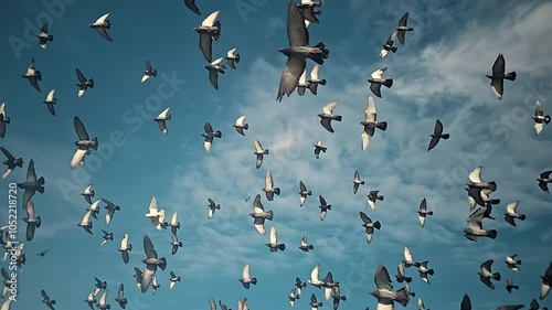 Flock of birds flying in a clear sky, A mesmerizing view of numerous birds in flight against a clear sky,