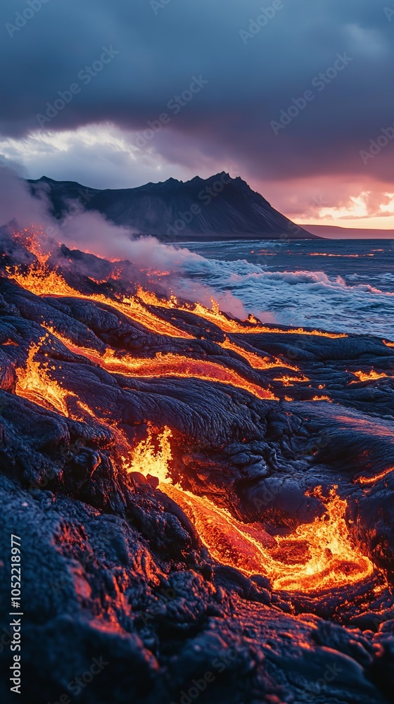 Fiery Lava Flow Meets the Ocean at Sunset Fiery Lava Flow Meets the Ocean at Sunset