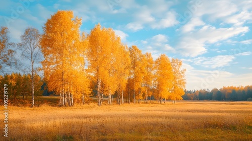 Scenic autumn countryside with golden trees and soft afternoon light