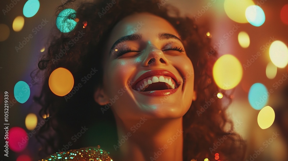 Joyful Woman with Colorful Bokeh Background Joyful Woman with Colorful Bokeh Background