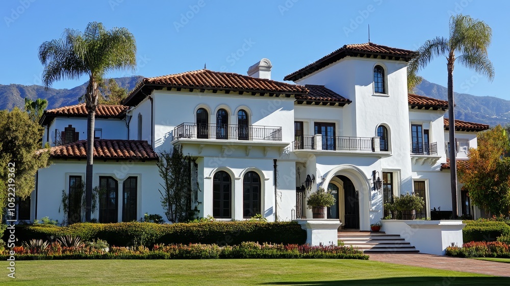 Obraz premium A sprawling white mansion with a terracotta roof surrounded by a lush garden and palm trees under a clear blue sky.